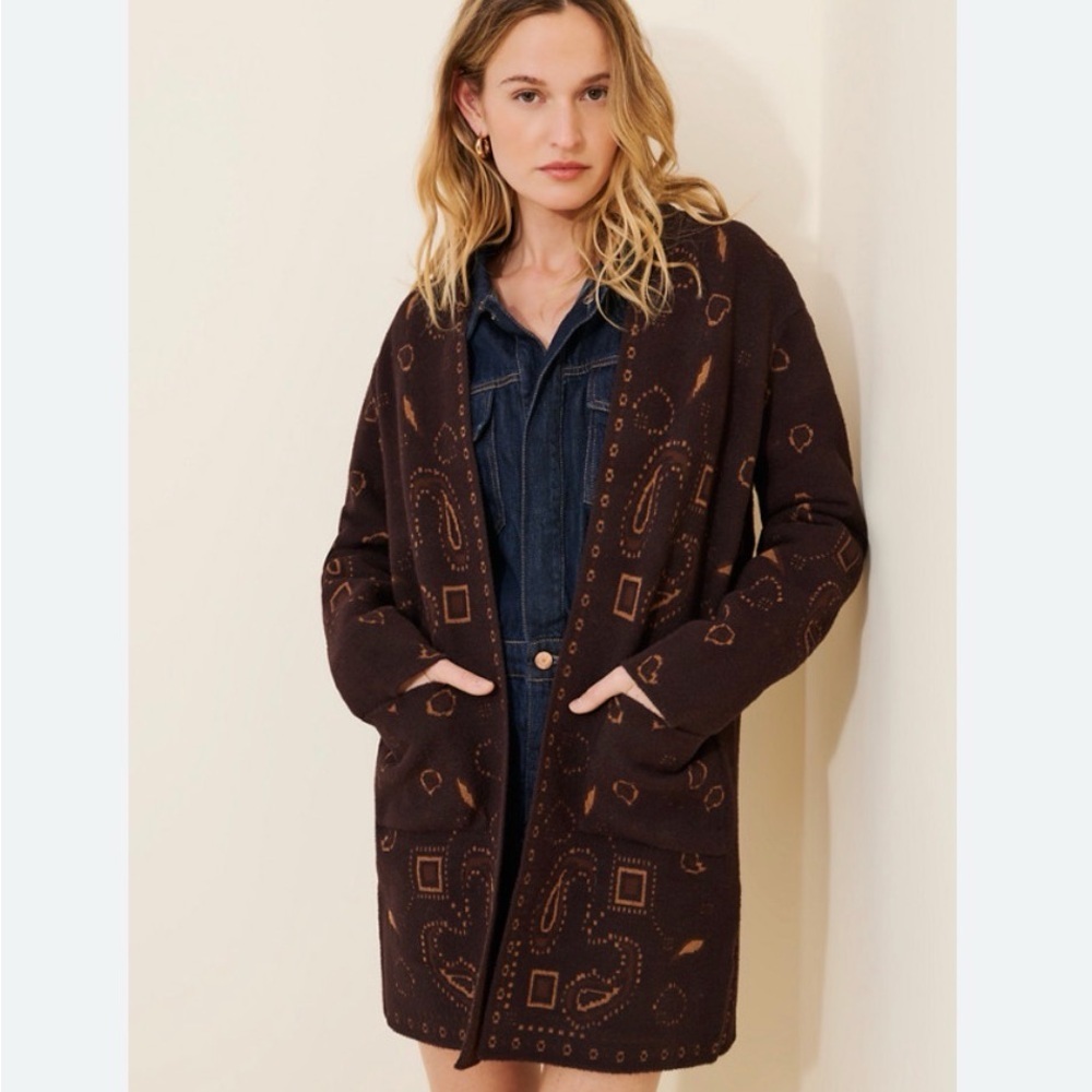 NVLT Longline Western Coatigan Women’s Brown Paisley Open-Front Cardigan sweater